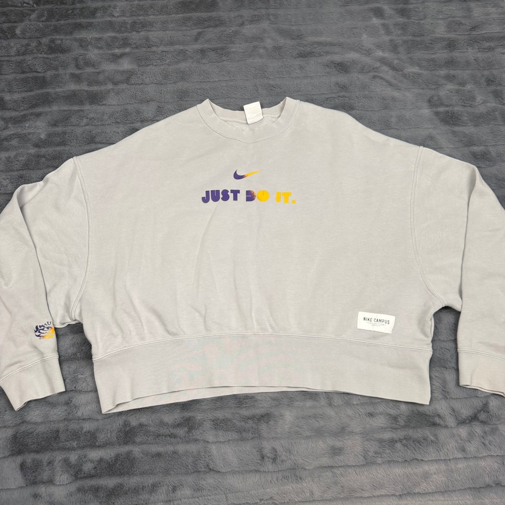 Nike LSU Tigers Campus Collection Grey Cropped Sweatshirt DO4985-007 Women Small